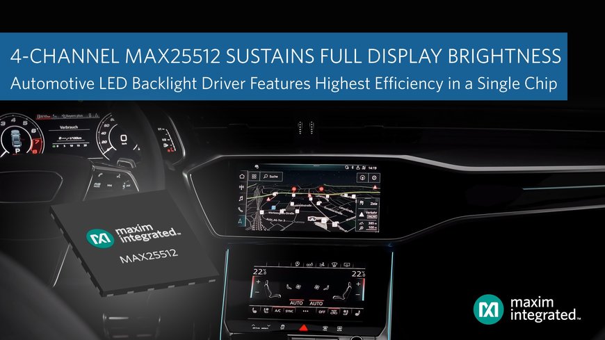 Maxim、集積型ブーストコンバータ内蔵の車載バックライトドライバを発表、コールドクランク状態でも車内ディスプレイを最大の明るさで維持可能